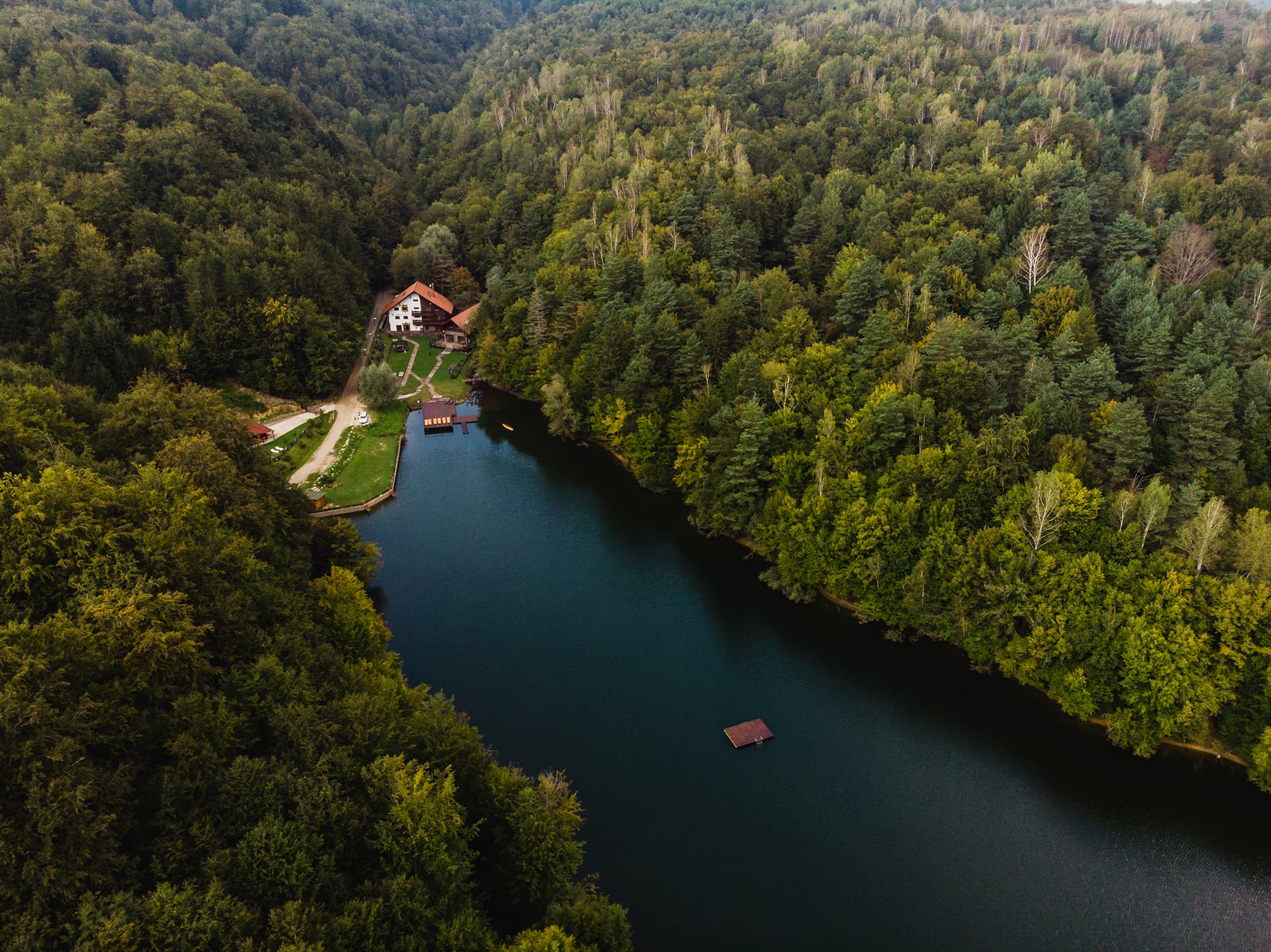 Lacul Gozna văzut de sus, înconjurat de pădure